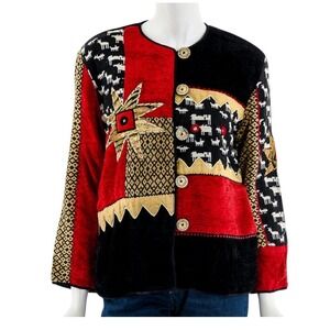 Vtg Allure Jacket Art-To-Wear RED/BLACK CHENILLE Tapestry Animals Star Beige L